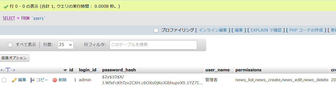 usersテーブルの内容
